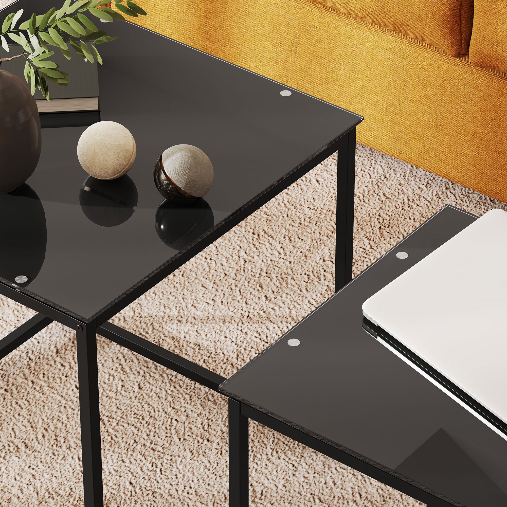 HOMCOM Nest of Tables, Set of 2 Coffee Table, Side Tables with Tempered Glass Desktop and Metal Frame for Living Room, Bedroom, Office, Black